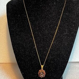 Elegant 10k Necklace and Pendant w/ Garnet and Cat’s Eye Gem Stones